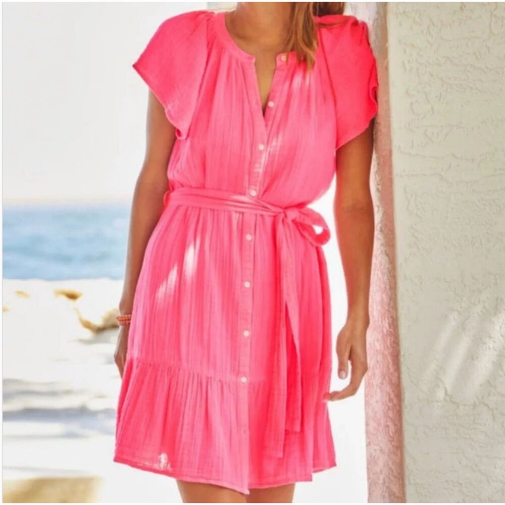 Vineyard Vines Seastitch Double Gauze Tiered Cotton Mini Shirt Dress XS No Belt